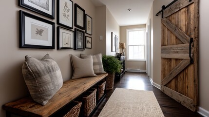 modern farmhouse aesthetic, modern farmhouse hallway with barnwood sliding door, neutral art gallery, beige walls, and bench with wicker baskets underneath