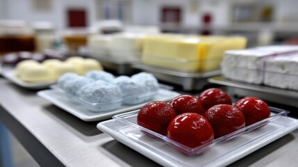 food safety measures, grocery store dairy items placed on lab scale with sample trays, ready for cross-contamination testing