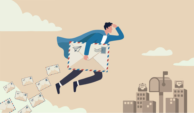 Email to the communication, marketing campaign from subscription, sending message or information concept, businessman superhero carrying big email envelope flying to recipient address