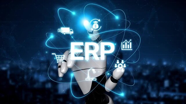 ERP platform visual showing centralized system for enterprise resource planning, improving integration, data flow, business efficiency, finance, inventory, and human resources. Muxer