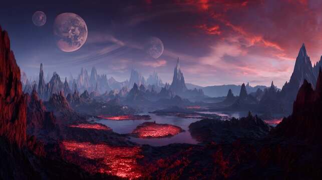 Surreal alien world reveals a vast fantasy landscape beneath a colossal moonlit sky