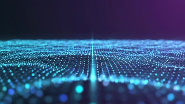 A vibrant digital landscape featuring glowing blue particles. These particles form a dynamic, flowing wave pattern, suggesting an intricate path of advanced data flow and computational