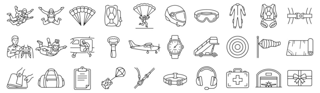 Skydiving center line icon set. Parachute canopy, tandem jump, altimeter watch, helmet goggles, harness container, airplane exit, windsock outline vector illustrations. Signs for aerial sport.