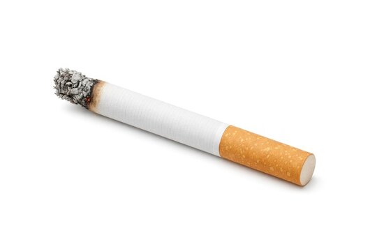 Single cigarette with ash isolated on white background, tobacco and filter close-up studio photo