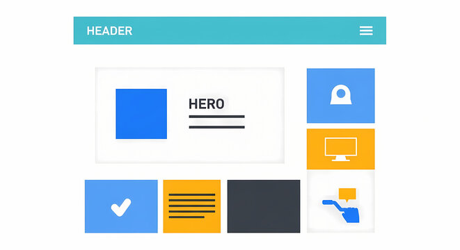 A modern website header with various icons and a hero section on a clean white background Flat Illustration