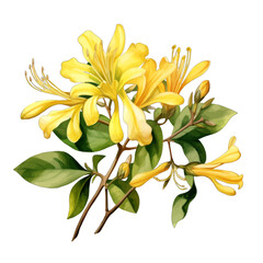 Fototapeta premium Watercolor yellow azalea flower on stem with green leaves isolated