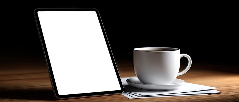 Green screen tablet on a home office table with coffee mug and papers in dim light viewed from above in wide angle capturing the workspace