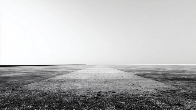 Minimalist monochromatic landscape featuring a vast, open concrete expanse beneath an infinite, bright sky, showcasing stark contrast and a textured ground plane extending to a sharp horizon, evoking