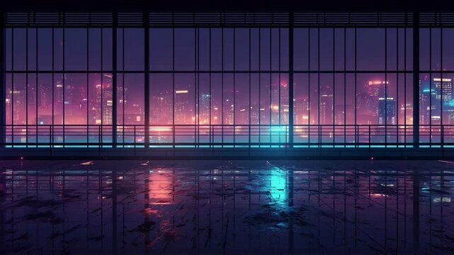 ネオンのマゼンタとシアンで縦バーを発光させた未来的抽象