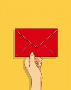 Hand Holding Red Envelope Cartoon Illustration on Yellow Background Minimal Mail Concept