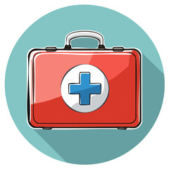 Obraz premium Red First Aid Kit with Blue Cross on Turquoise Background