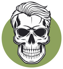 Obraz premium Modern human skull illustration with cool slicked back haircut graphic design on green background