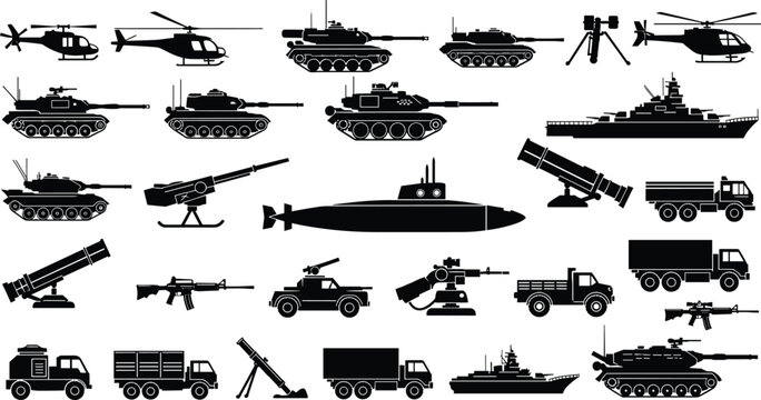 Military vehicle silhouettes set, army equipment icons, war transport collection, tanks helicopters ships weapons, defense forces silhouette illustration pack
