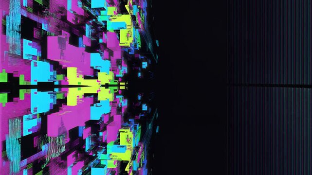 Vibrant glitch art design with pink blue and yellow pixels on black background
