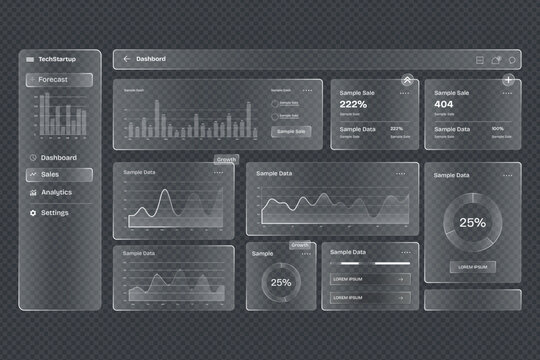 Modern Glassmorphism Dashboard UI Kit with Transparent Data Visualization Charts and Infographic Widgets for Tech Startups