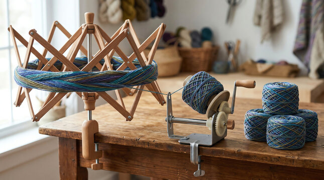 Umbrella yarn swift and ball winder with variegated yarn on table