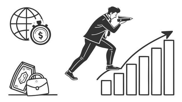 A minimalist vector graphic illustration of a businessman climbing a bar graph, symbolizing financial growth and success.