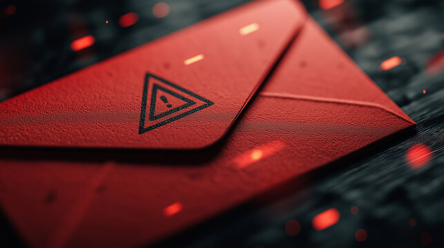 Red warning envelope close up with danger symbol, suspicious mail threat concept in dramatic dark lighting