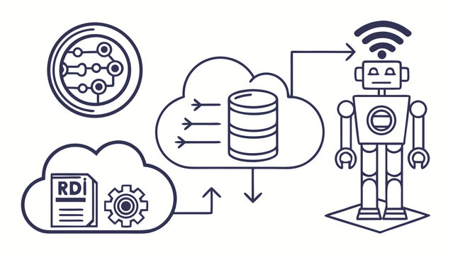A vector graphic illustrating a robot connected to a cloud database with various icons representing data exchange and processing