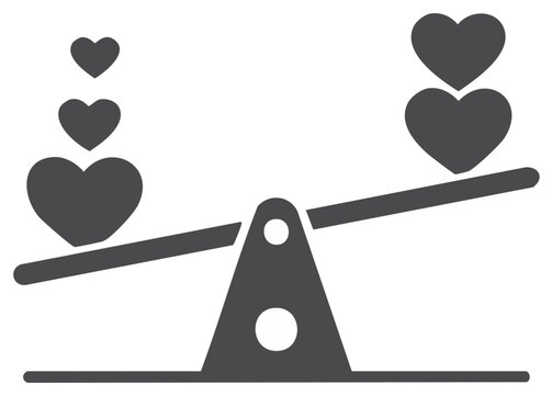 Three hearts outweighing two hearts on a balance scale icon illustrating love and value