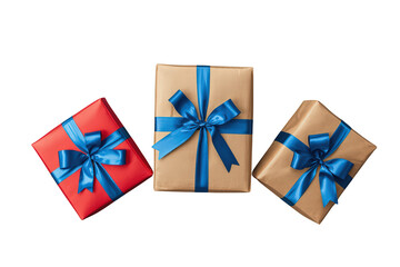 Fototapeta premium Gifts wrapped in red and brown paper, tied with vibrant blue ribbons, celebrating holidays on transparent background