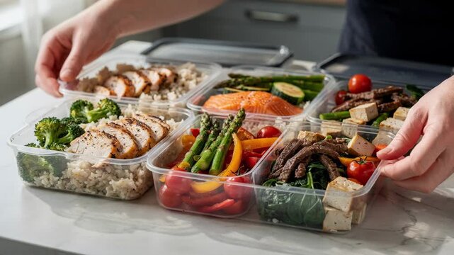 Lowcarb meal prep subscription packaging displayed in clear containers focus on proteinrich dishes and vegetables background out of focus to highlight healthy choices.