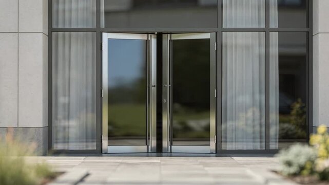 Medium frame of central storefront doors with sleek window panels in sharp detail blurred pavement and landscaping create depth for the building facade.