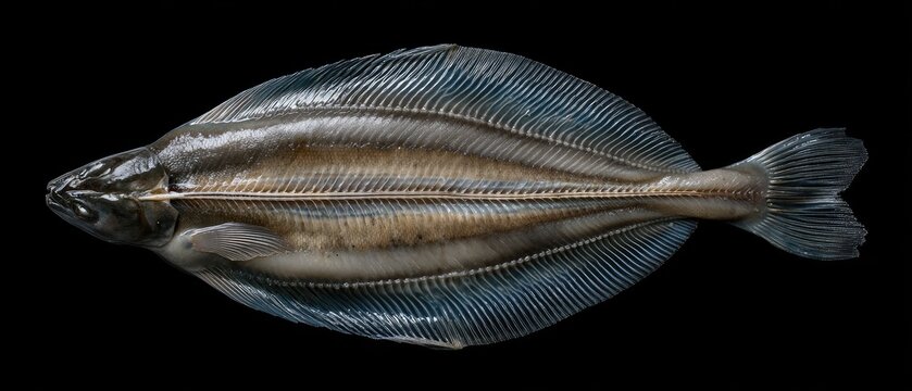 Frozen raw fish fillet of filet de raie placed on a black background showing its shape and texture in a top view