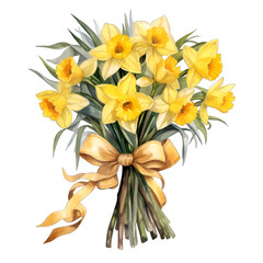 Fototapeta premium Watercolor Yellow Daffodil Bouquet with Ribbon Bow, Hand-painted Narcissus Flower Arrangement Isolated on White Background
