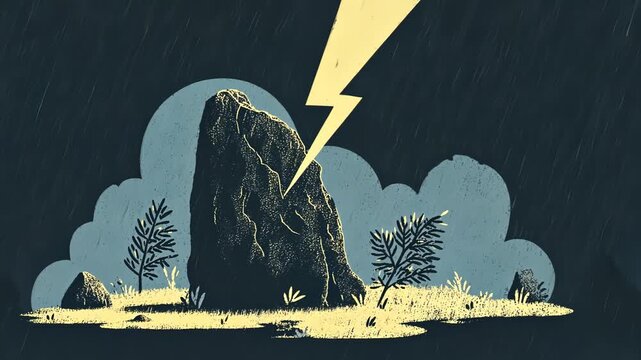 Dramatic Lightning Storm Over Isolated Rock: Vintage Minimalist Illustration of Thunderbolts and Storm Cloud Silhouettes in Cartoon Style