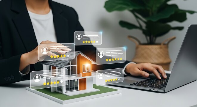 Woman in business attire interacting with 3 D house model and laptop on white desk with green plant in background