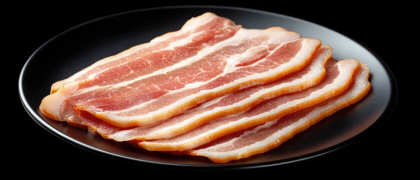 Sliced raw pork belly on black plate for cooking or dining in Sialkot city with copy space for text