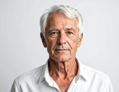 Hombre mayor con pelo blanco y rostro con arrugas sobre fondo neutro, expresi&oacute;n serena que refleja el paso del tiempo, envejecimiento natural, vida, sabidur&iacute;a y experiencia