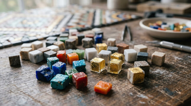 Glass and stone mosaic tesserae in smalti marble and gold leaf glass