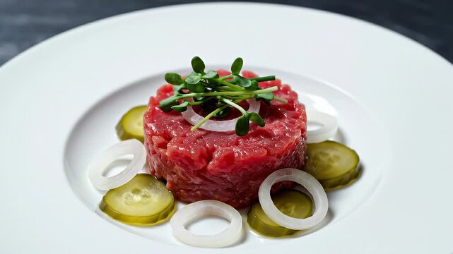 Chef Garnishing Beef Tartare With Pickles and Sprouts on White Plate