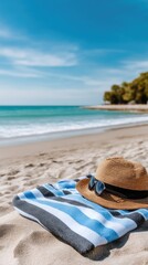 Obraz premium Summer day at the beach with beach towel, straw hat, and sunglasses on the sand near the ocean under a clear sky and bright sun