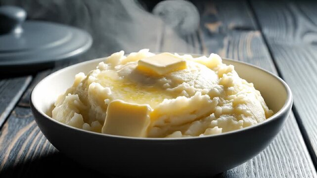 Steaming Bowl of Mashed Potatoes With Melting Butter on Top, Close Up