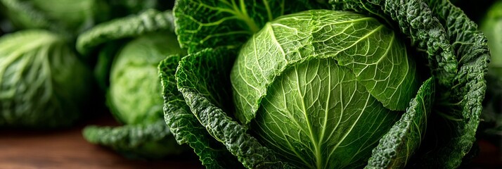 Fototapeta premium Close-up of fresh green cabbage surrounded by leafy greens.