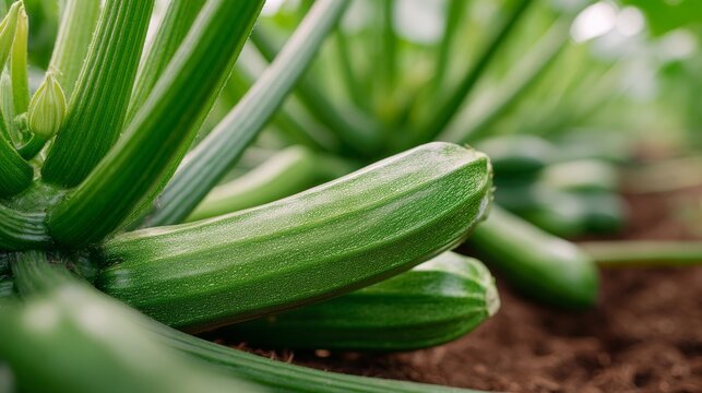Fresh green zucchini growing in a thriving vegetable garden.
