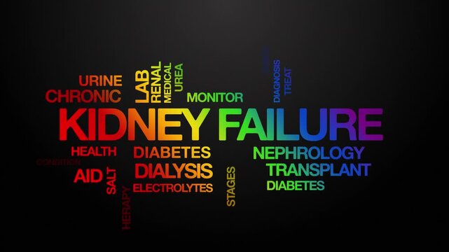 Kidney failure concept Animated Tag Word Cloud kinetic typography, Text Design Animation typography seamless loop video motion graphics Intro Wordart arrangement rainbow type on black background backd
