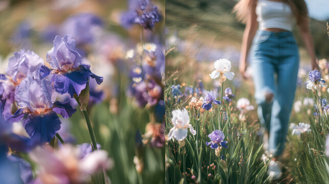 Soft sunlight bathes a wild iris meadow. Purple and white blooms sway gently in breeze. Woman walks through the field, legs in denim jeans. Her presence feels calm, connected to nature's rhythm