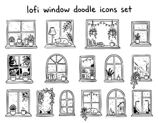 Naklejka premium Cozy lofi window doodle icons set