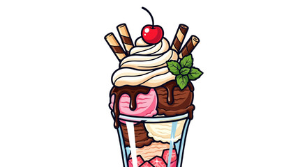 Delicious Ice Cream Sundae with Cherry and Wafer Rolls, Dessert Illustration © Rizal