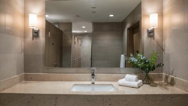 Medium shot of a restaurant restroom vanity area with a large mirror and elegant lighting ensuring a clean welcoming space.