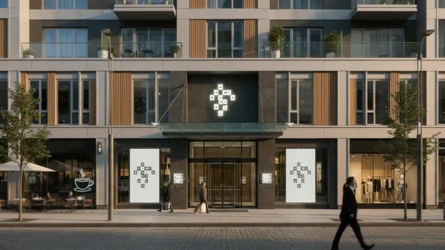 Contemporary bank location in a mixeduse urban block with emphasis on entrance signage with surrounding residential and retail elements softly out of focus.