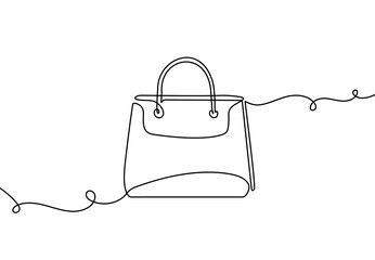 Fototapeta premium Continuous one line bag shop art gift icon illustration store outline. Retail one line bag shop hand handbag one fashion doodle linear sketch single paper sale present white food isolated drawing draw