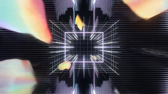 Glowing purple grid expands outward on a distorted colorful background