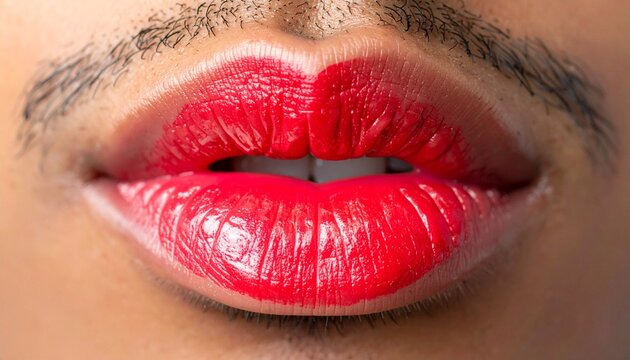 "Split close-up of lips with red lipstick, left faint mustache, right noticeable mustache."