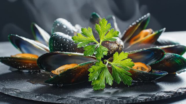 Steaming Hot Mussels Garnished With Fresh Parsley on a Dark Slate Plate, Close Up