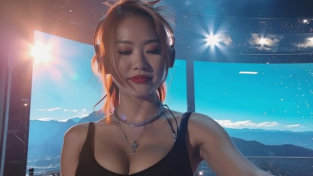ヘッドホンをつけた女性DJのパフォーマンス
ダンスミュージックをプレイする女性DJ